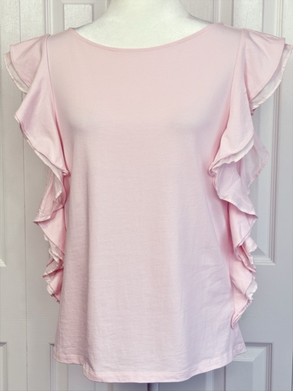 Lauren Ralph Lauren Light Pink Cotton Ruffle Cap Sleeve Boatneck Top Large